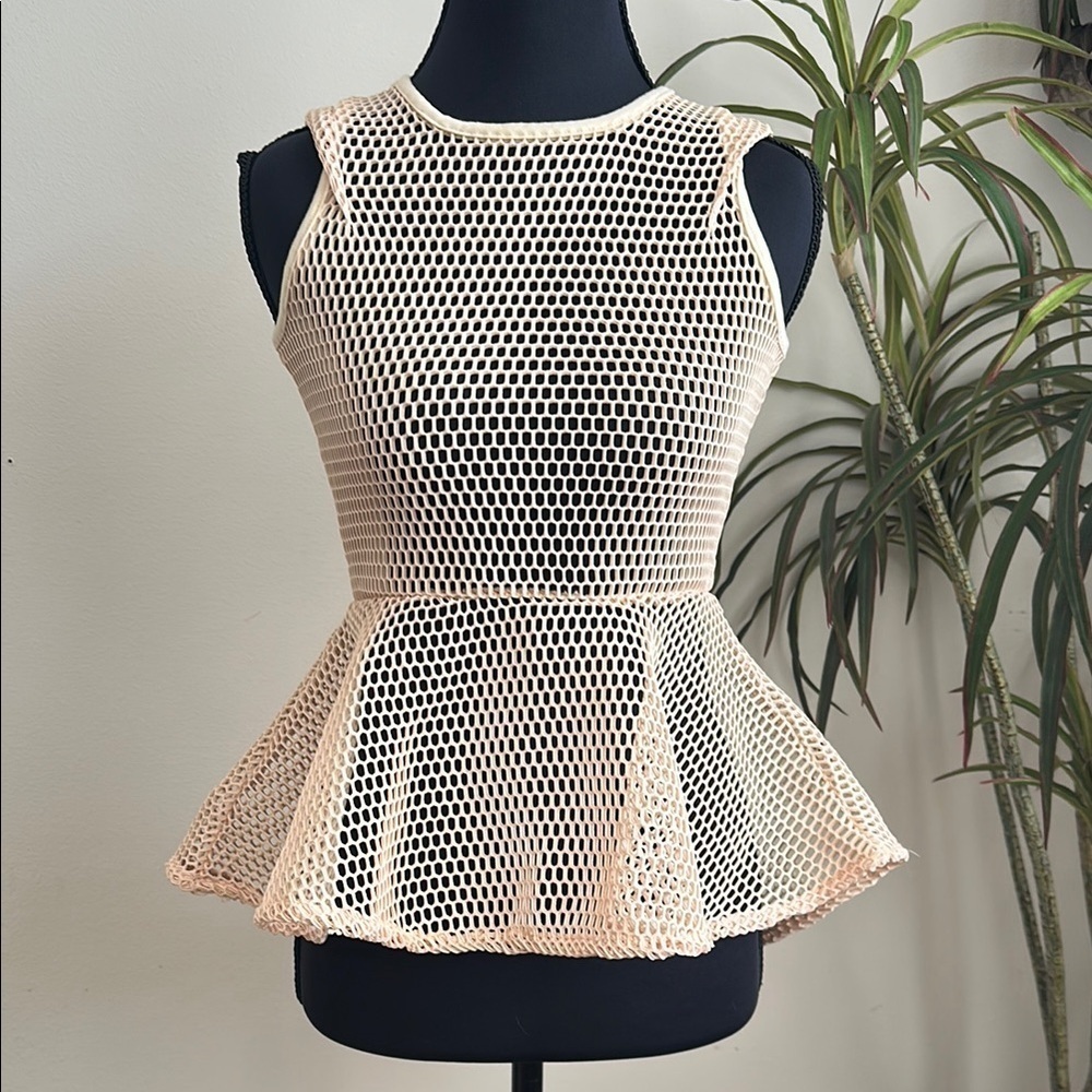 Elegant Cream Mesh perforated Peplum Topsee through high low small
